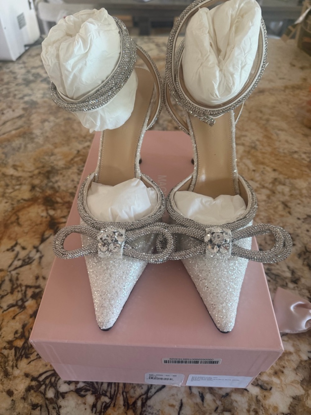 MACH & MACH White and Silver Glitter Pointed-Toe Crystal Bow Heels